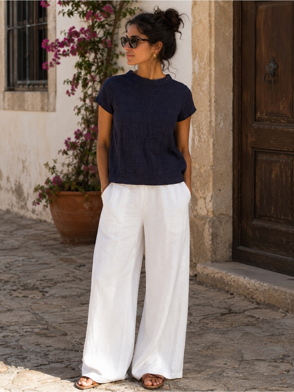Mo Vint Linen Blend Textured  Top XS Navy Minimalist Coastal Capsule Wardrobe